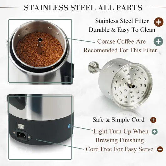 Moss & Stone Percolateur électrique 10 tasses, cafetière électrique en acier inoxydable, percolateur à café électrique avec fonction maintien au chaud, percolateur à 10 tasses en acier inoxydable avec Argenté