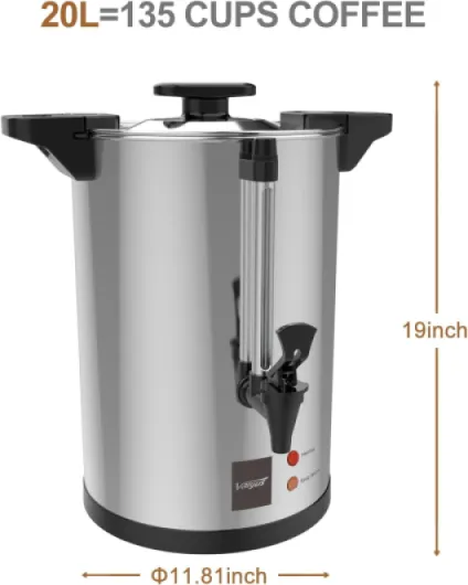 Cafetière commerciale en acier inoxydable 135 tasses 20L grande capacité machine à café électrique avec distributeur d'eau chaude et percolateur contrôle automatique de la température pour Argent 19.5L