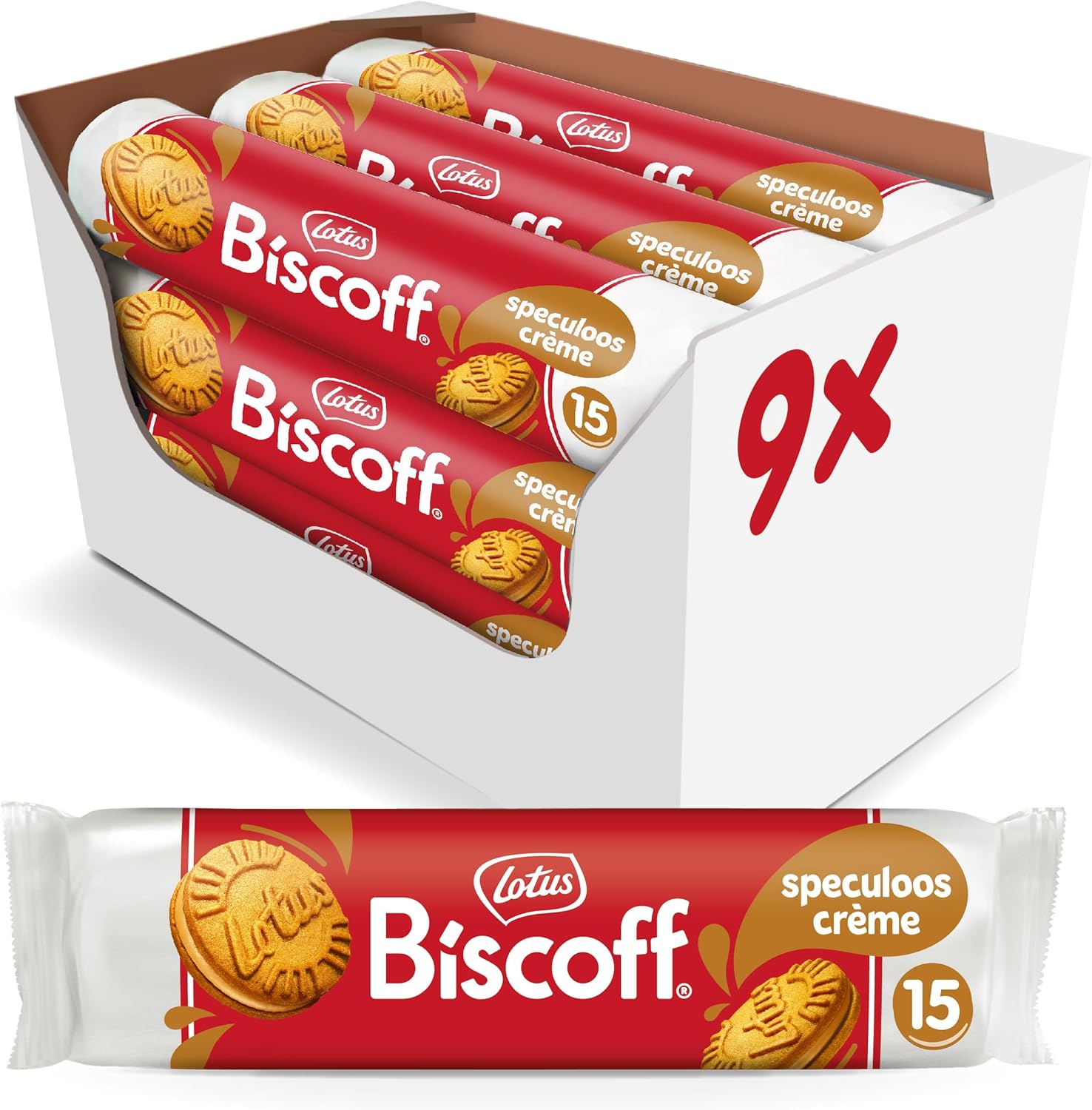 Lotus Biscoff - Biscoff Fourré Crème de Speculoos - 15 Biscuits par Paquet - Ingrédients d'Origine Naturelle - Vegan - Sans Colorant ni Arômes Artificiels - 9x150g - 1,35 kg Crème Speculoos