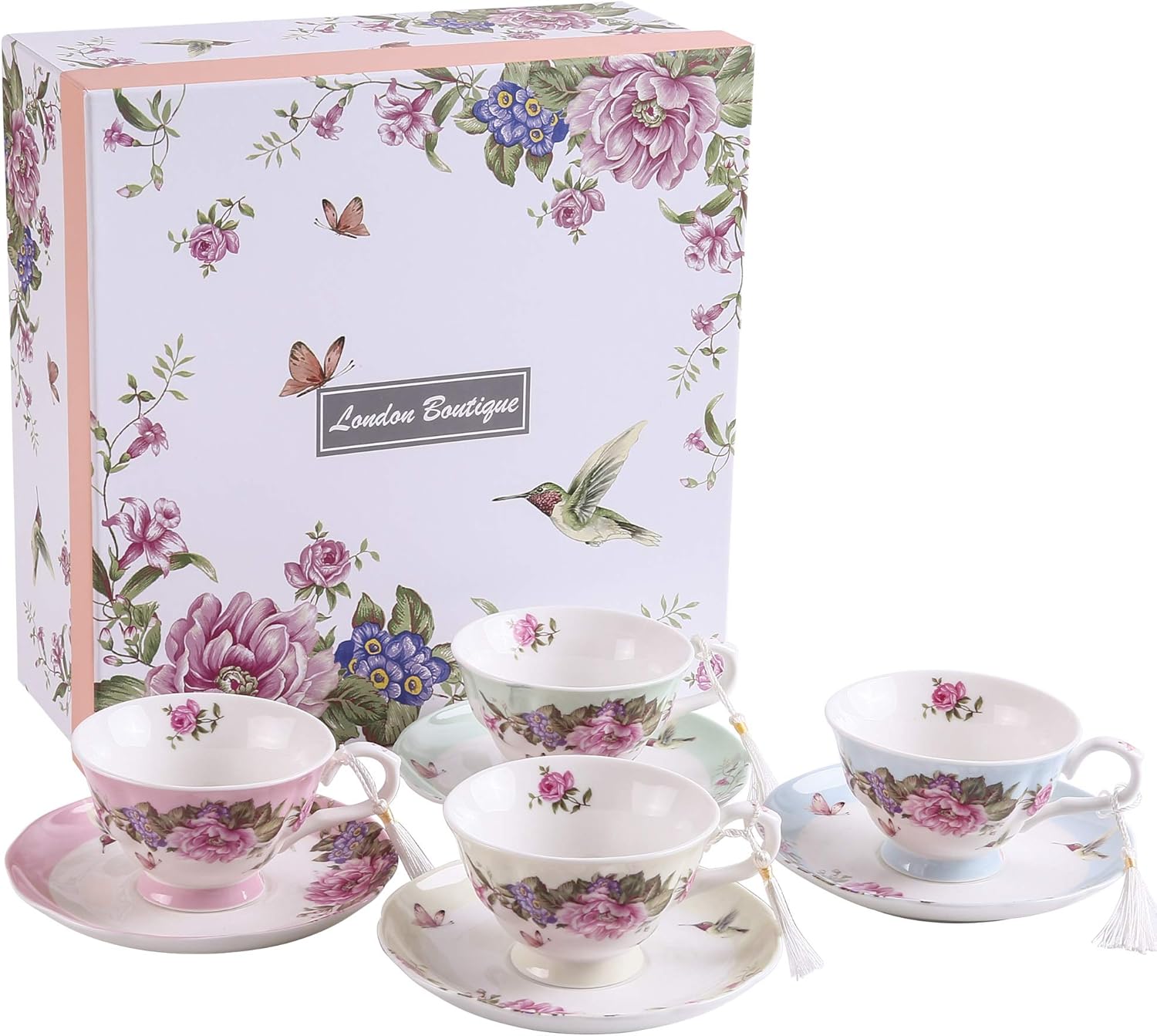 London Boutique Lot de 4 Tasses à café et soucoupes en Porcelaine Vintage avec Motif Oiseau et Papillon
