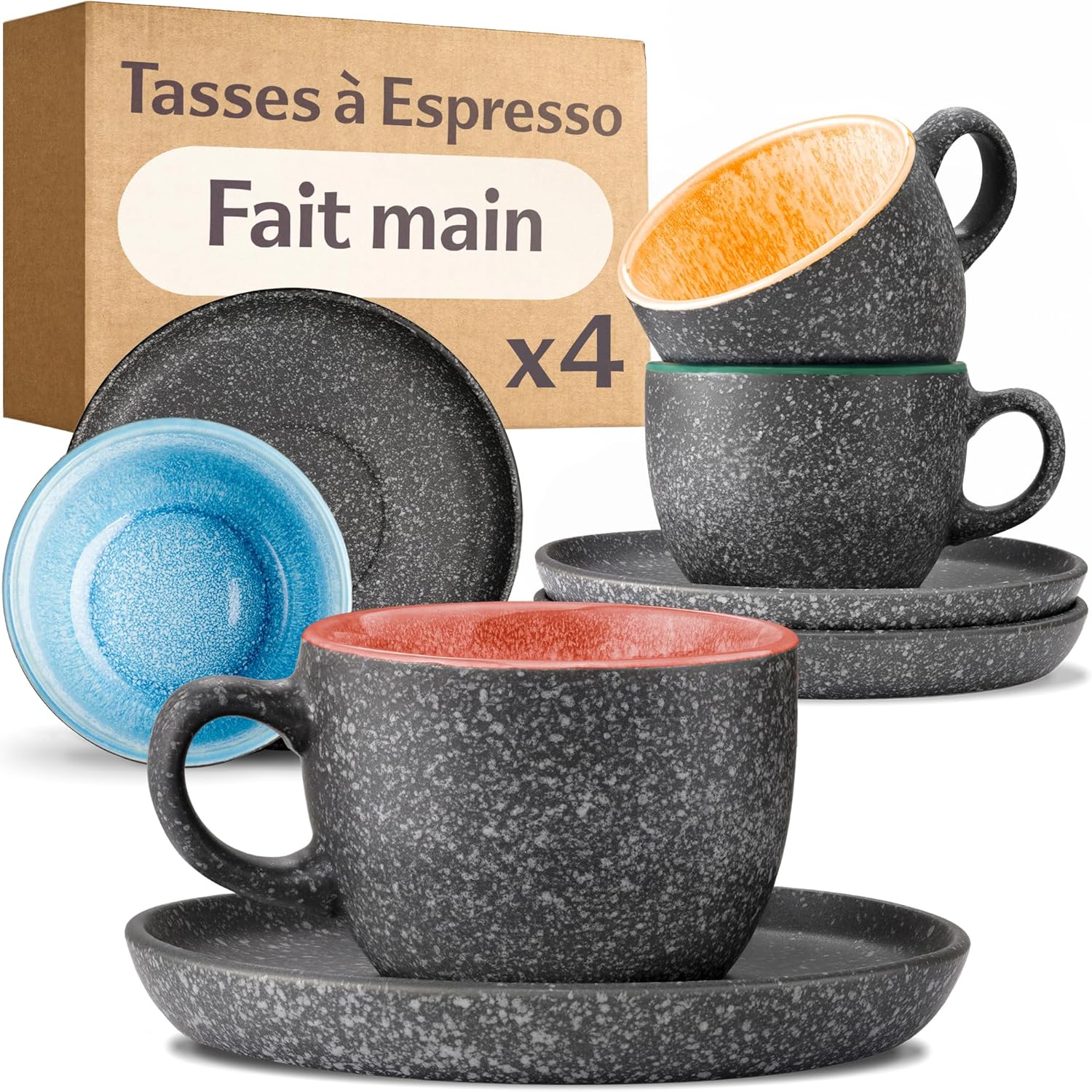 Tasses à Espresso avec Soucoupes, Lot de 4-90 ml en Céramique, Grès Épais avec Émail Réactif Fait Main - Garde la Chaleur Plus Longtemps (Coloré)