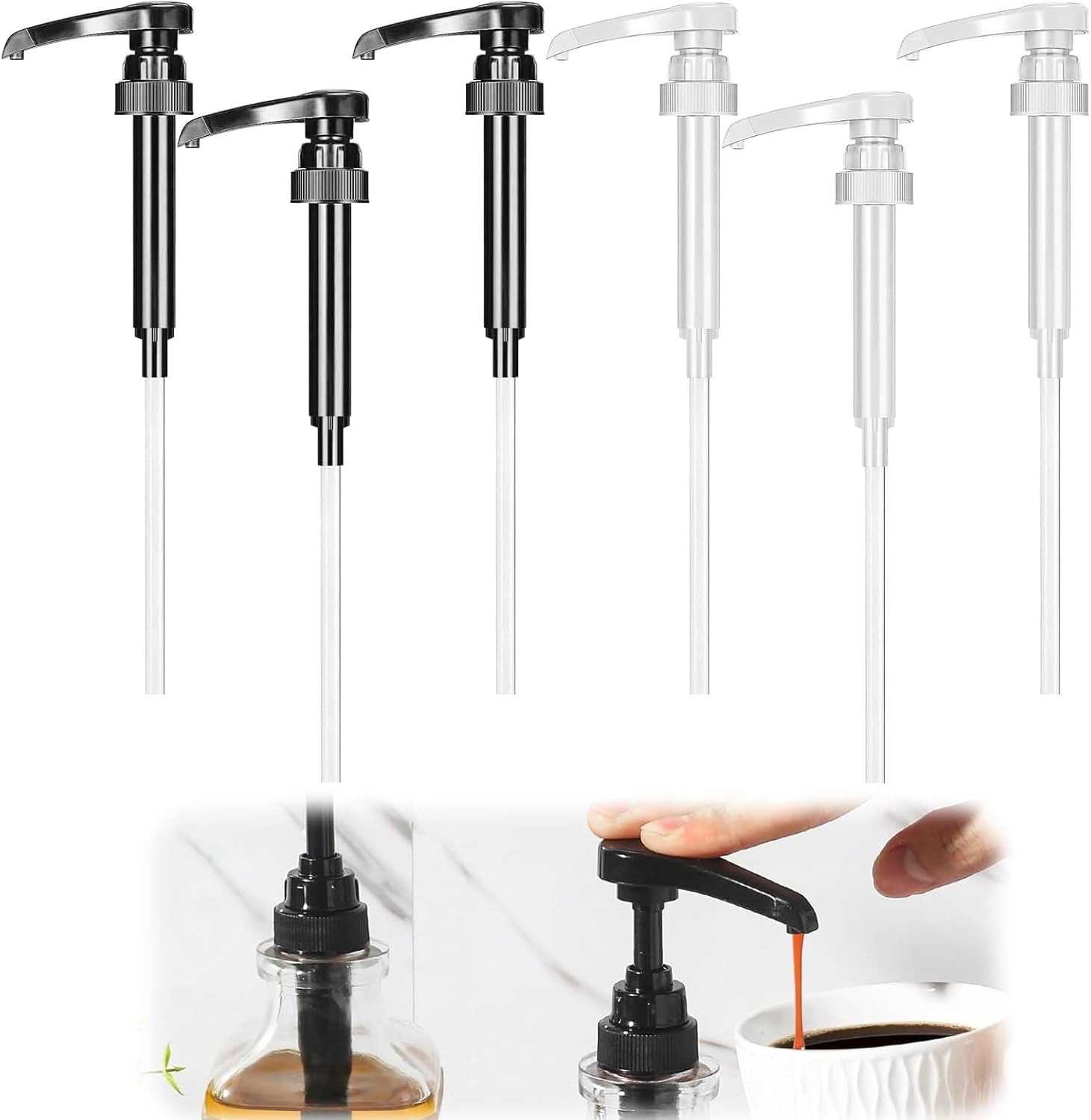 Lot de 6 Pompe à Sirop à Café Coffee Sirop de 750 ML PompeSyrup Pump Distributeur Sirop Pompe Convient à la Plupart des Bouteilles ，pour Café Maison Bouteille de Sirop à Café(Noir+Blanc)