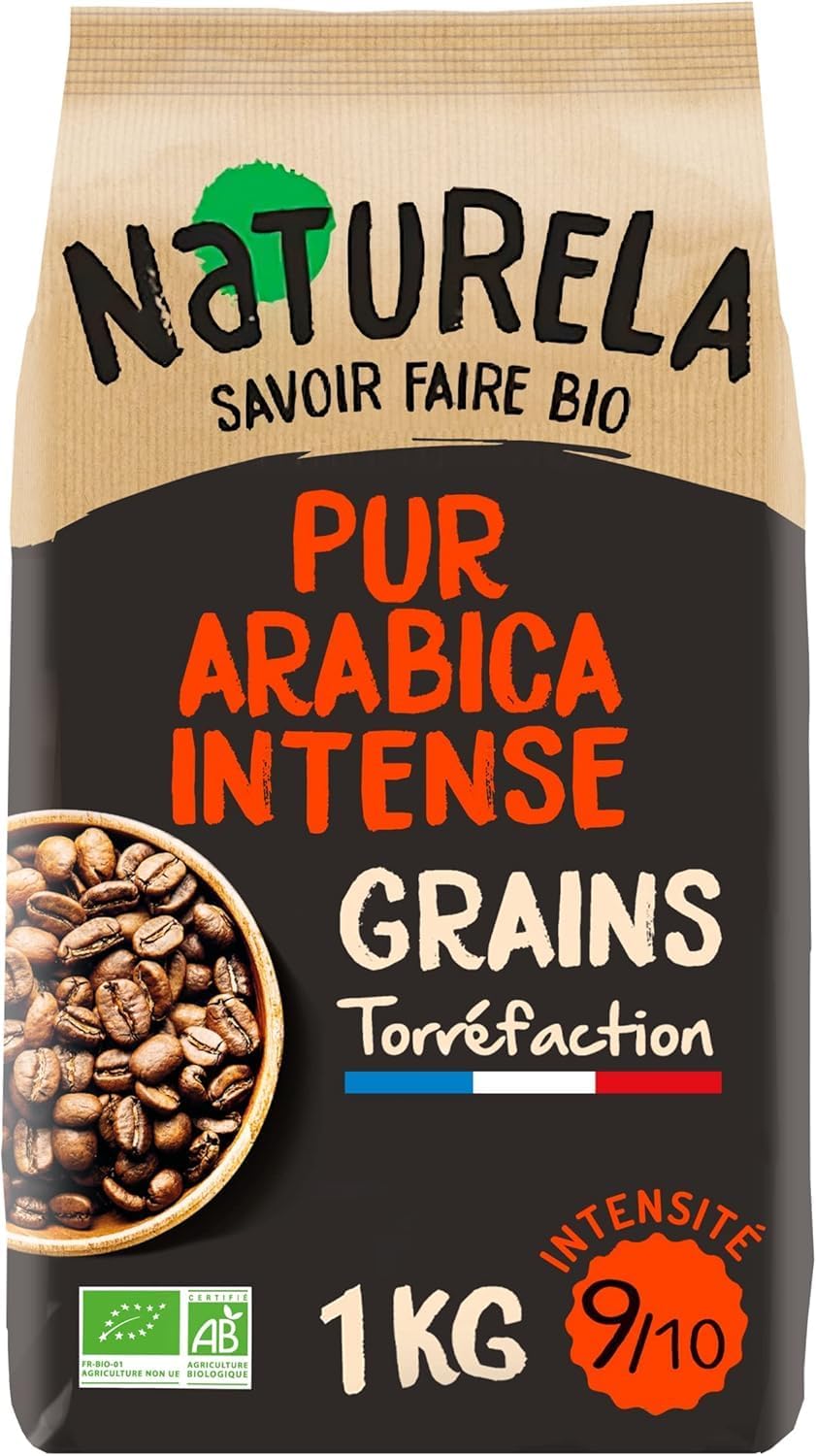 Café Grains Bio - Café Grains Pur Arabica Intense - Torréfaction Lente - Fabriqué en France - 1 kg