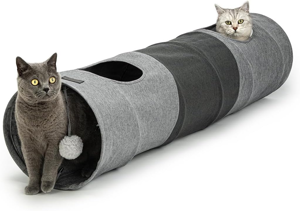 Lionto Tunnel pour Chats avec Balle de Jeu, 30x130 cm, Tunnel de Jeu Pliable et Extensible en Faux Lin Facile à Entretenir pour Chats, Jouet Robuste pour Chats, 30 cm