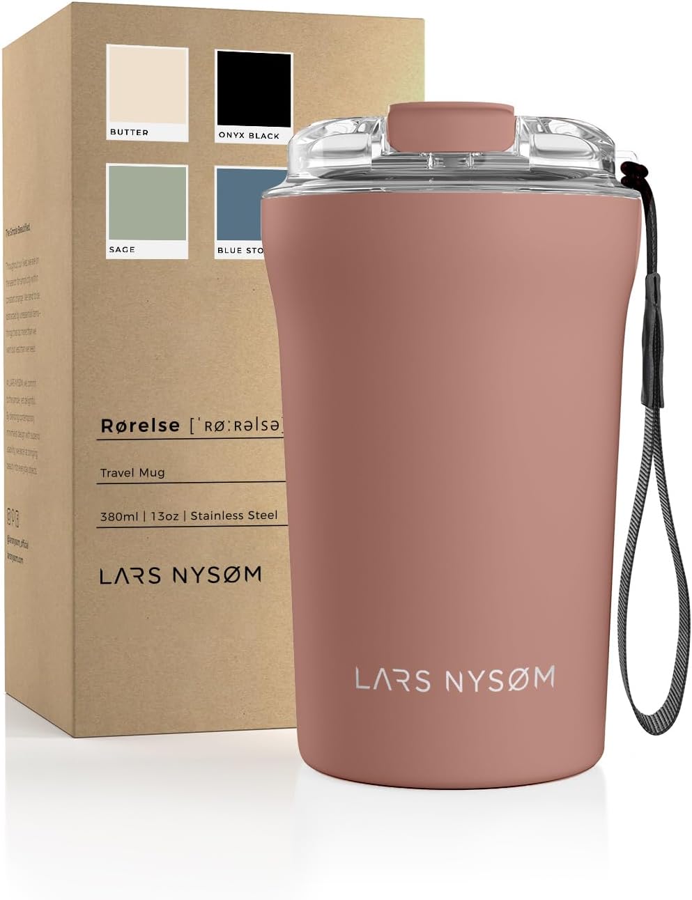 Mug Isotherme Cafe to-go avec sangle et couvercle en tritan 380ml - Tasse de voyage 0.38 litre avec isolation - Tasse thermique étanche en acier inoxydable (Blush Rose, 380ml)