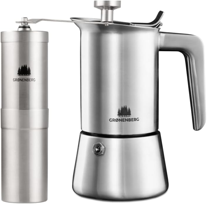 Cafetiere Italienne Induction (6 Tasses) + Moulin à café manuel - Set de remise café avec Cafetiere expresso (en INOX) & Coffee grinder