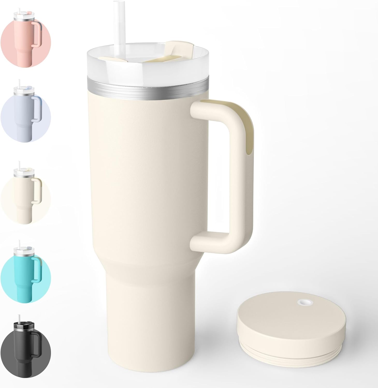 1182mL 40oz Mug Isotherme Antifuites en Acier Inox, Double isolée sous Vide Tasse Isotherme sans BPA, avec 2 Paille 2 Couvercles de Tasse Brosses de Nettoyage-Blanc neige