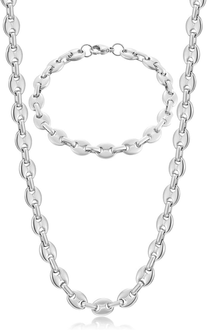 Chaine Maille Grain de Café Homme Collier et Bracelet en Acier Inoxydable, 6mm 9mm 11mm Argent/Or/Noir Argenté - Grains de Café 6mm 56 Centimètres