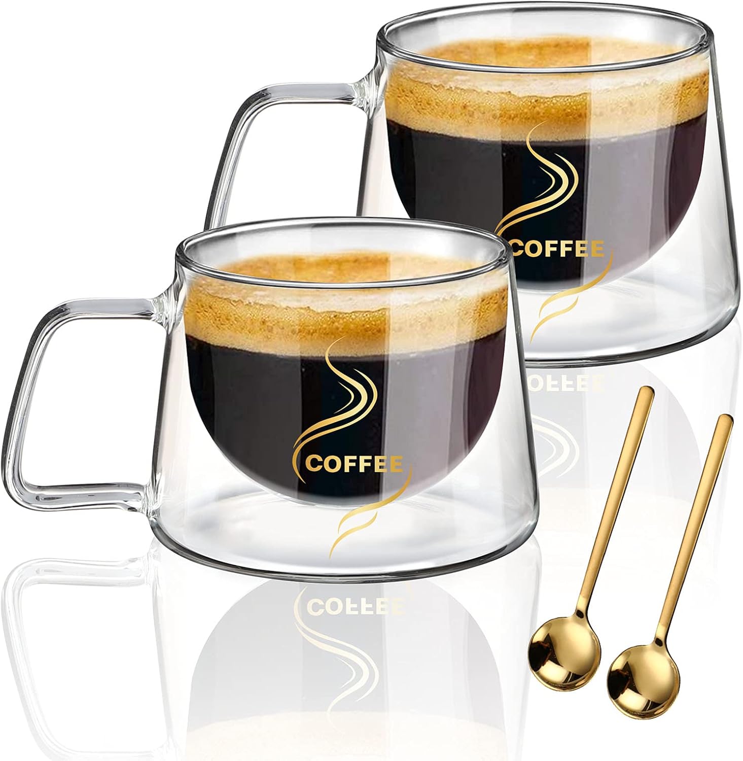 KAMEUN Tasse Double Paroi, 200ml*2 Coffret de Double Verre Avec Deux Cuillères, Tasses en Verre Borosilicate Avec Poignée, Effet flottant, pour Thé, Café, Lattes, Cappuccino, Espresso, Bière