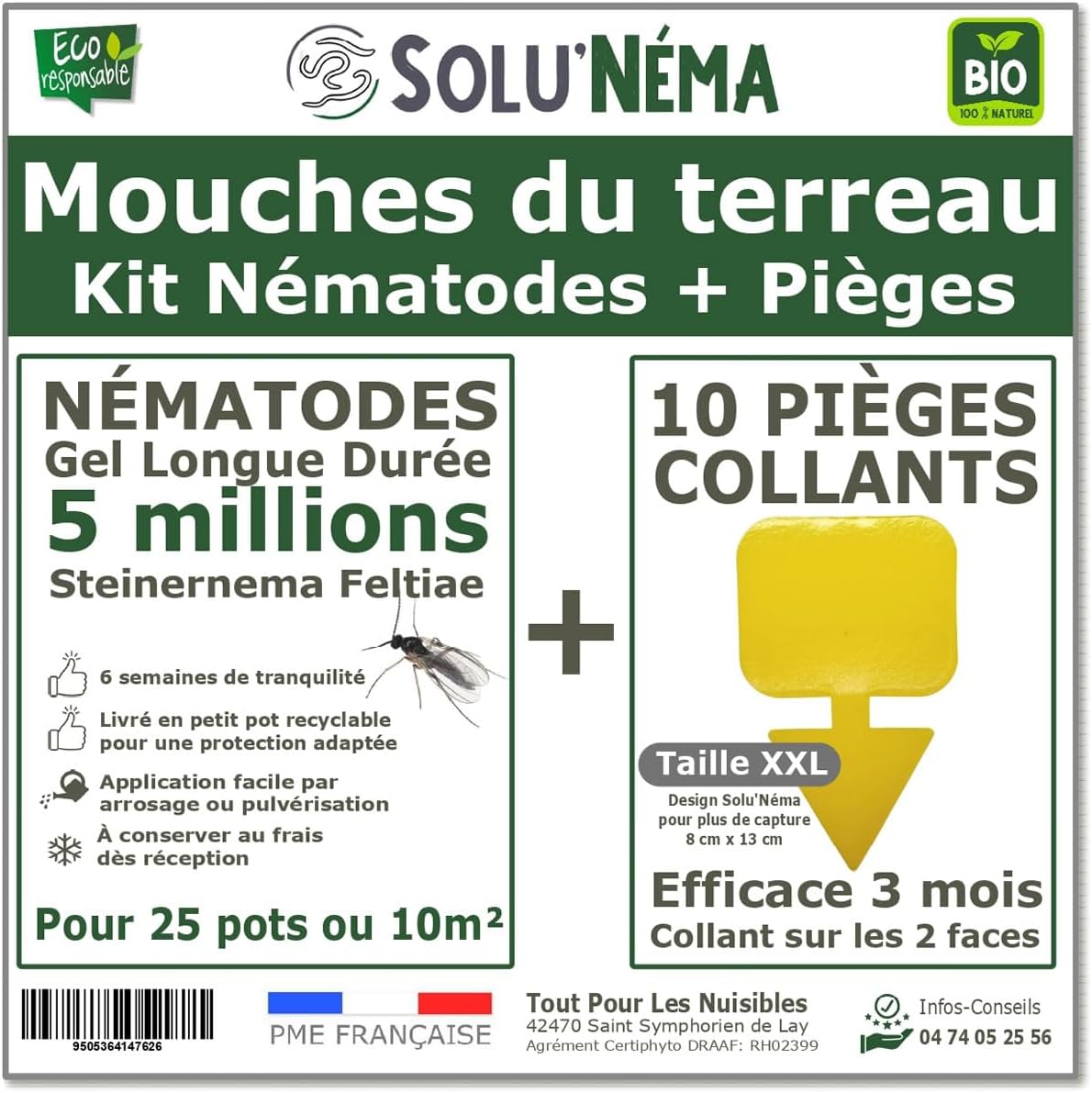 Kit Nématodes 5 Millions + 10 pièges Collants XXL - Contre Les Mouches du Terreau - Formulation Gel Longue Durée pour Traiter 25 Pots