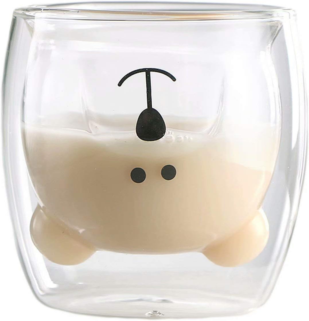 Tasse de Café Double Paroi Coupe en Verre Sapin Noël Tasses en Verre Petit ours Motif Le Lait Coupe Cadeau D'anniversaire Créatif Saint Valentin Romantique(White Bear)