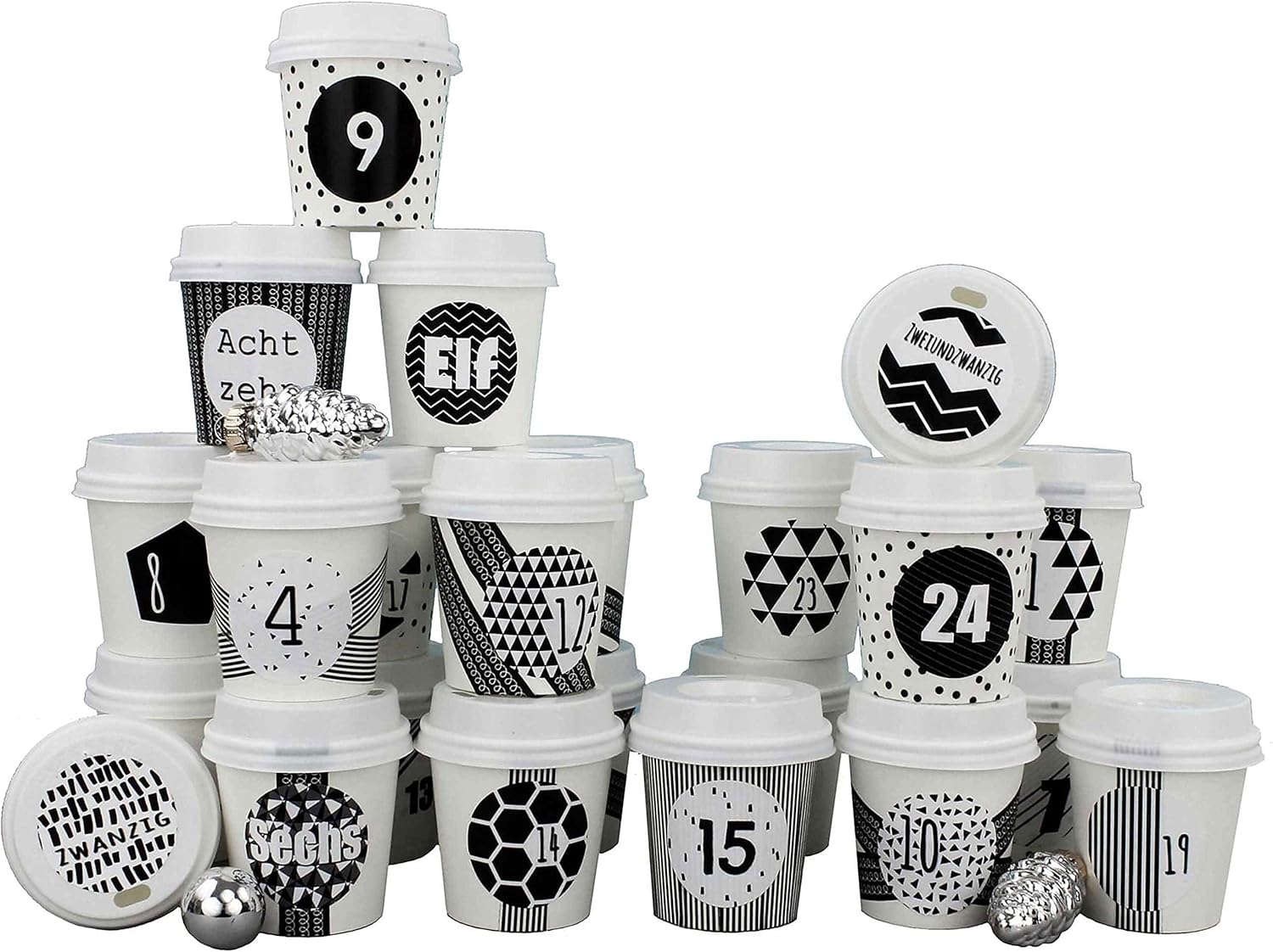 Tasse à café DIY pour Calendrier de l'Avent - Àcréer et remplir soi-même - Noir Blanc géométrique - 24 Tasses à café