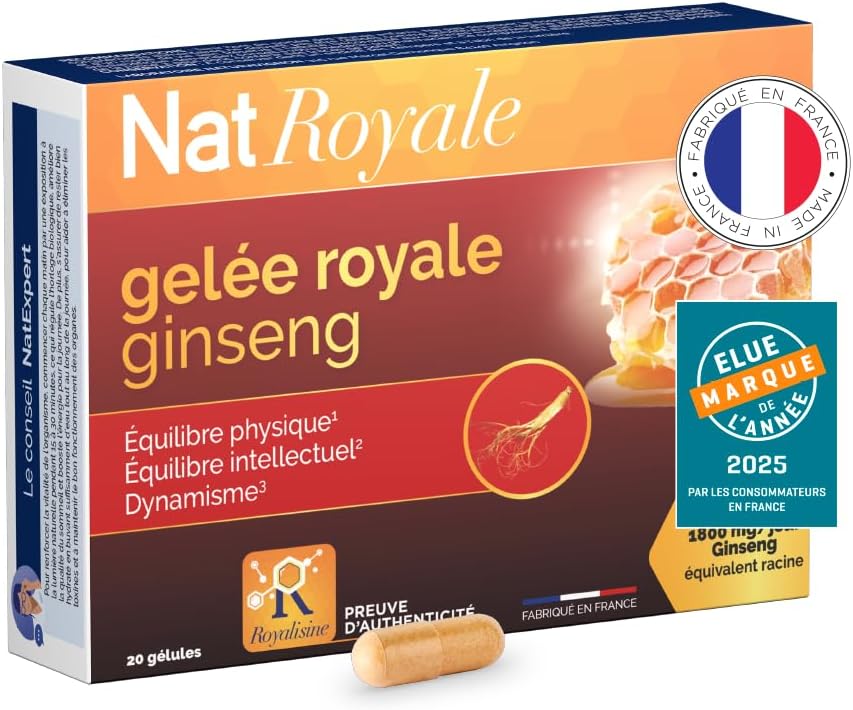 NaturAvignon Gelée Royale Ginseng - complement alimentaire Vitalité, Immunité adulte, defense immunitaire adulte - Gelée Royale gelule 1000mg, Ginseng rouge de corée 1800mg, Vitamines B3+6 - 20gélules
