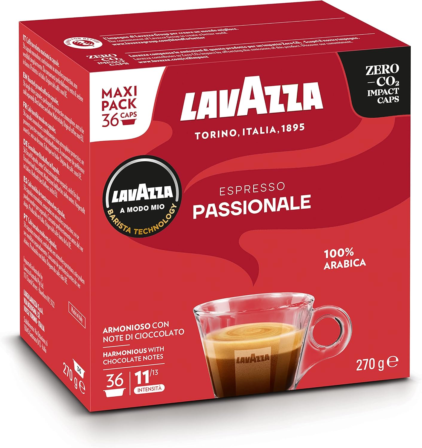 , A Modo Mio Espresso Passionale, 1 Paquet de 36 Capsules de Café, avec Notes Aromatiques de Caramel et Chocolat, 100% Arabica, Intensité 11/13, Torréfaction Foncée