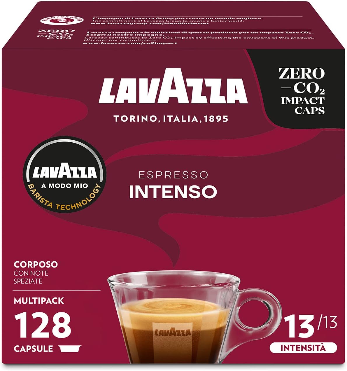 Cafe Espresso Intenso - 100% Arabica - 128 Capsules Compatibles Lavazza A Modo Mio