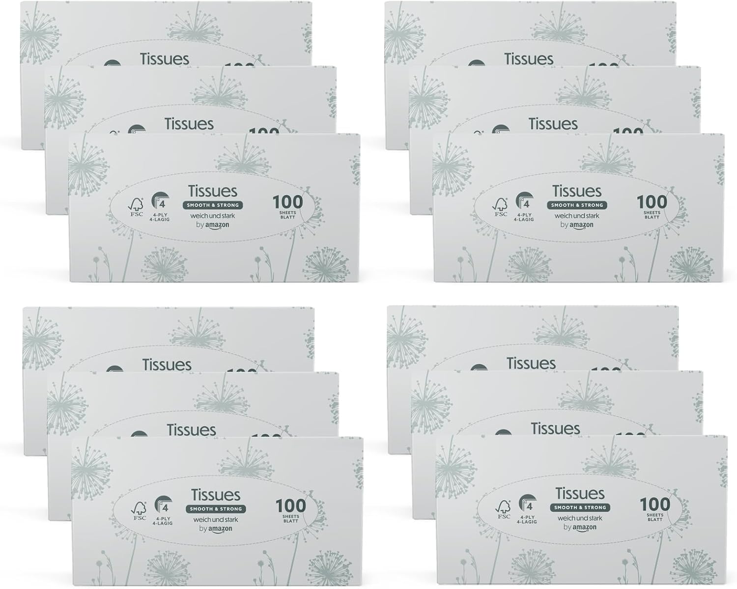 Mouchoirs 4 épaisseurs, 1200 pièces, 12 lot de 100