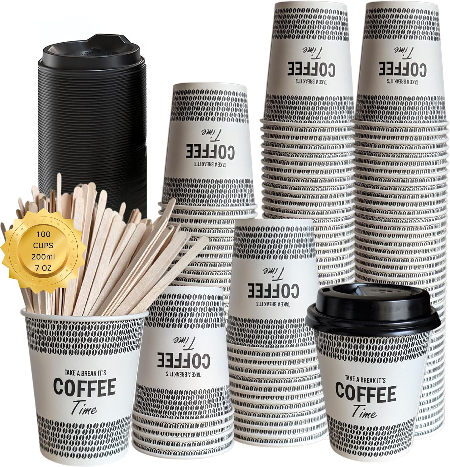 Gobelets jetables avec couvercle et agitateurs 200 ml (7 Oz) Gobelets à café jetables en carton pour café, thé, eau, boissons chaudes et froides, verres à café à emporter (100 tapas y paletinas)