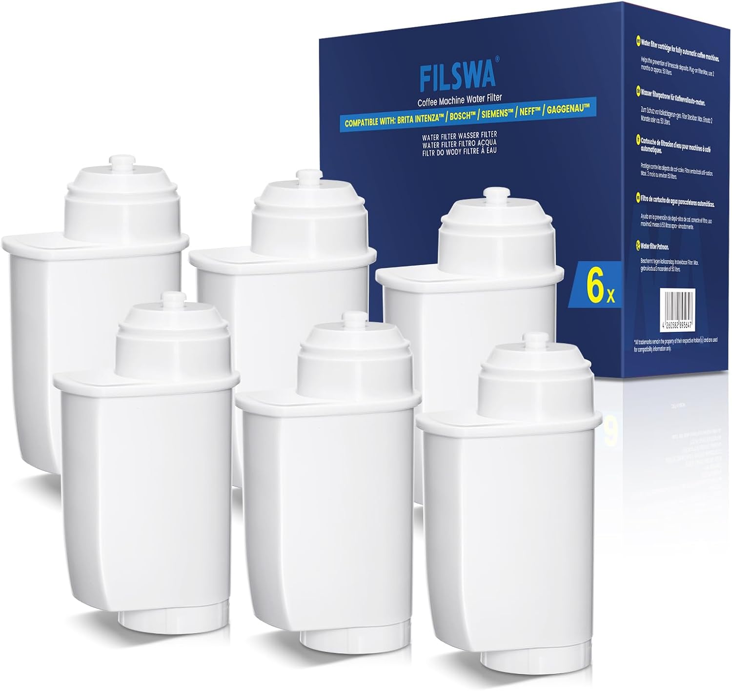 Filswa Lot de 6 filtres à eau pour machine à café Siemens EQ-Series, EQ6 Plus S700, EQ9 S900 S500, EQ500, EQ700, EQ900 - Alternative de qualité supérieure et efficace