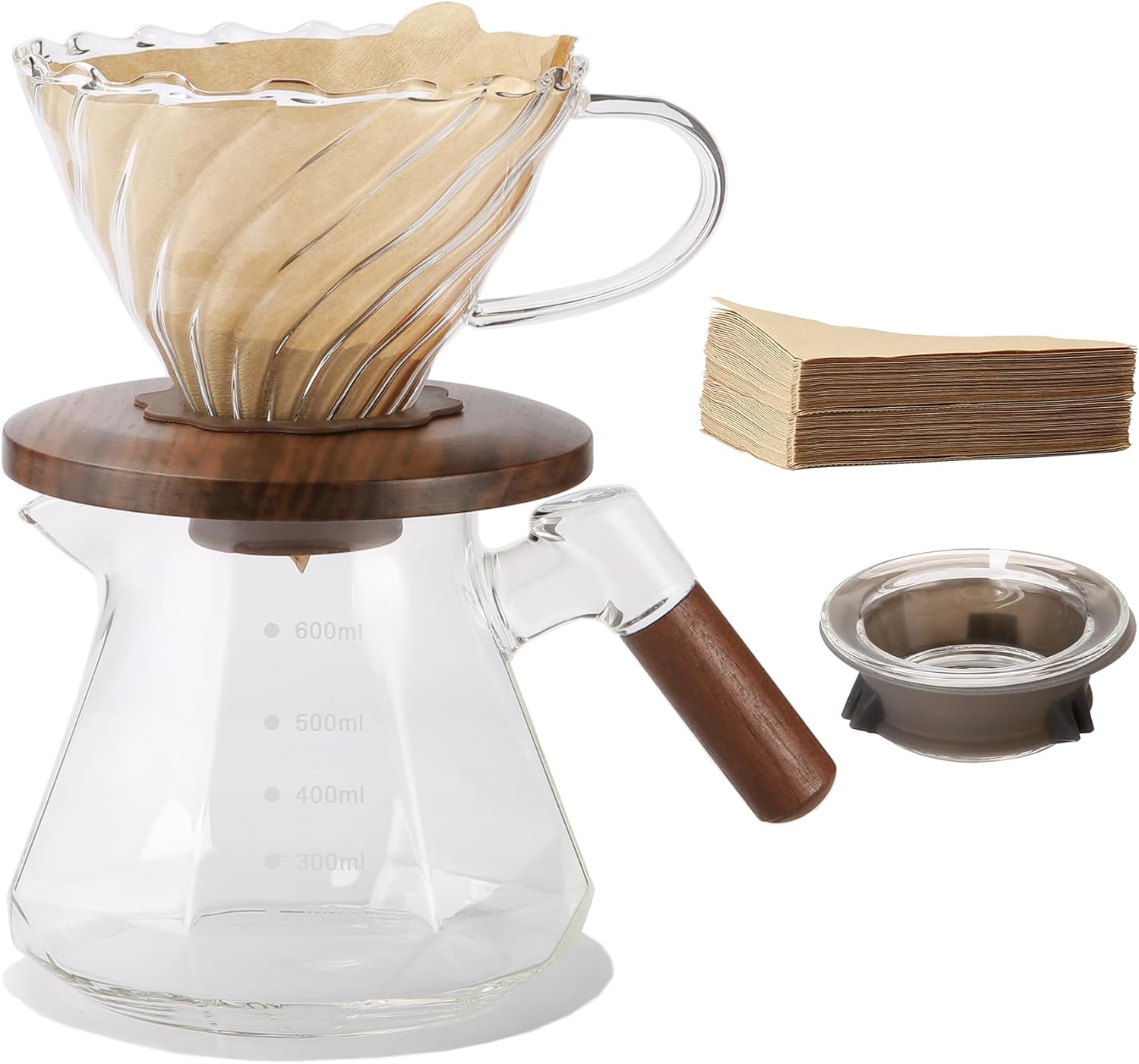 Lalord Verser Over Cafetière en Verre Borosilicate de 600 ml avec 100 Papier Filtres, Col en Noyer et Couvercle en Verre, Cafetière Goutte à Goutte, 1 à 3 Tasses, Transparent