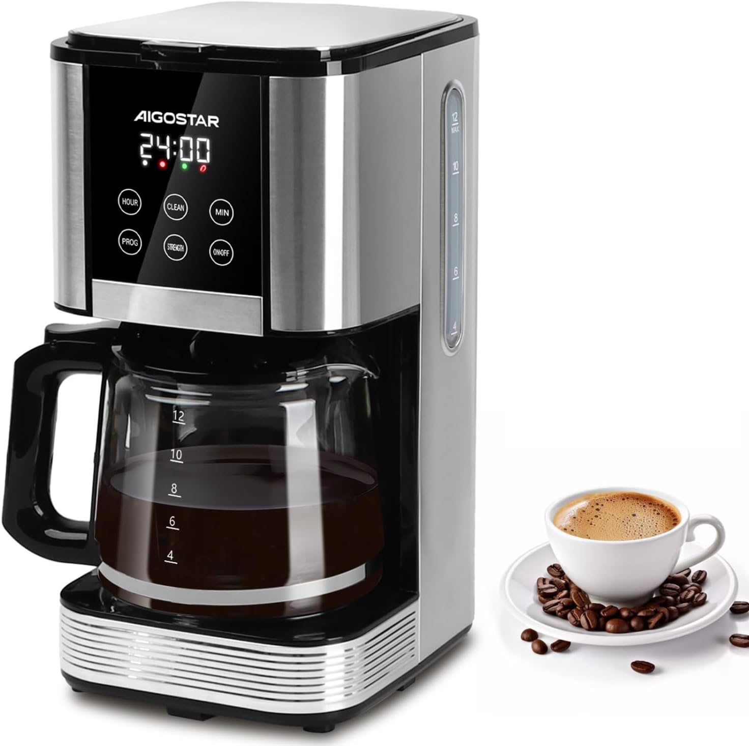 Cafetière filtre Programmable 24h, Capacité 1,5L, Écran LCD, Cafetiere electrique 14 tasses, acier inoxydable, 1000W, Réglage intensité, Anti-goutte, AutoClean, Maintien au chaud, Noir