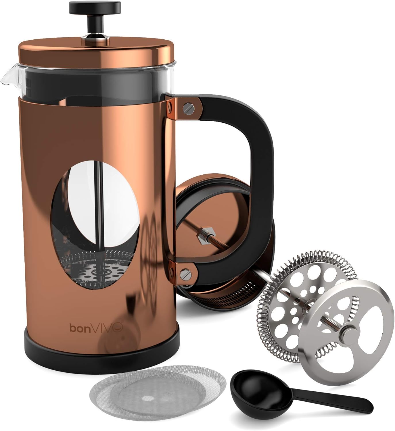 Cafetière à Piston - GAZETARO I French Press 1 Litre - Inox, Verre Résistant à la Chaleur, Filtres de Rechange, Accessoire Cuisine - Finition Cuivre