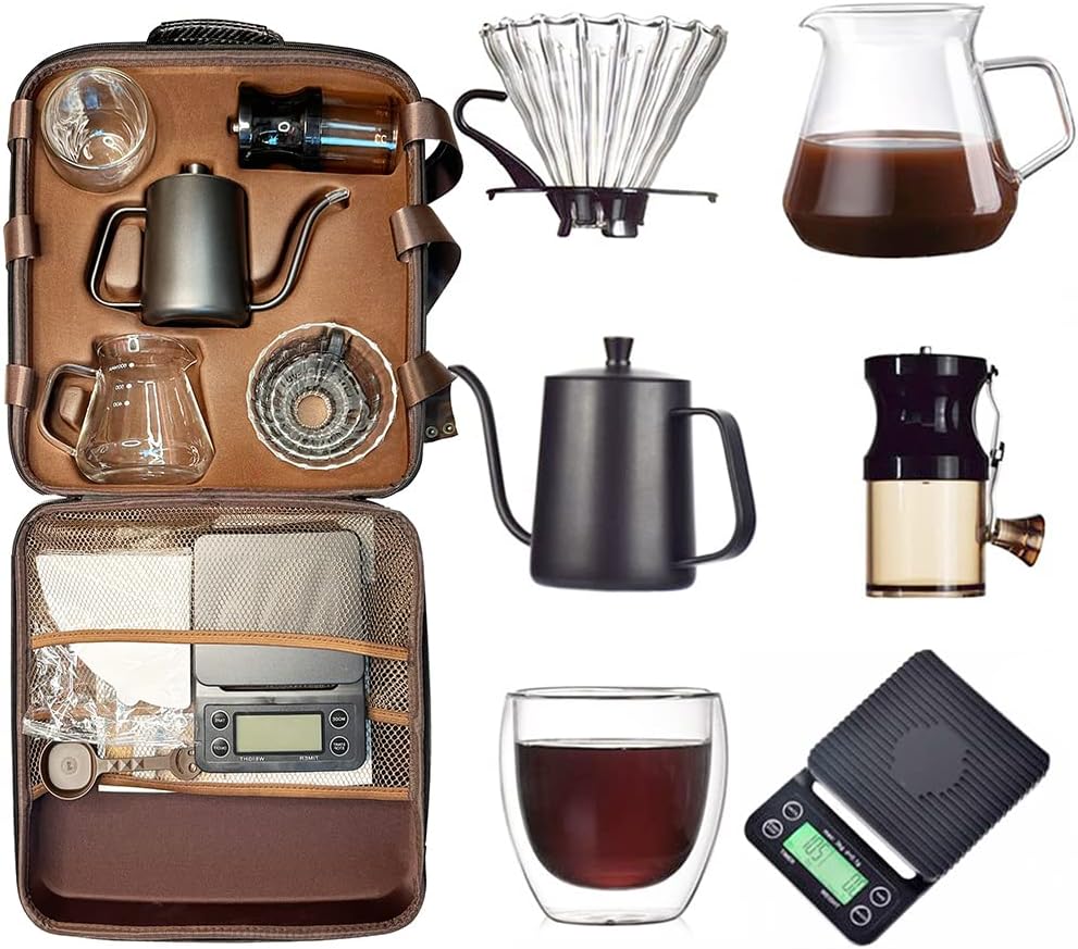 DV&DS V60 Ensemble de café de voyage comprenant un séchoir à café en verre, un broyeur manuel, une bouilloire, des filtres en papier, une tasse à double paroi pour le camping, une cafetière