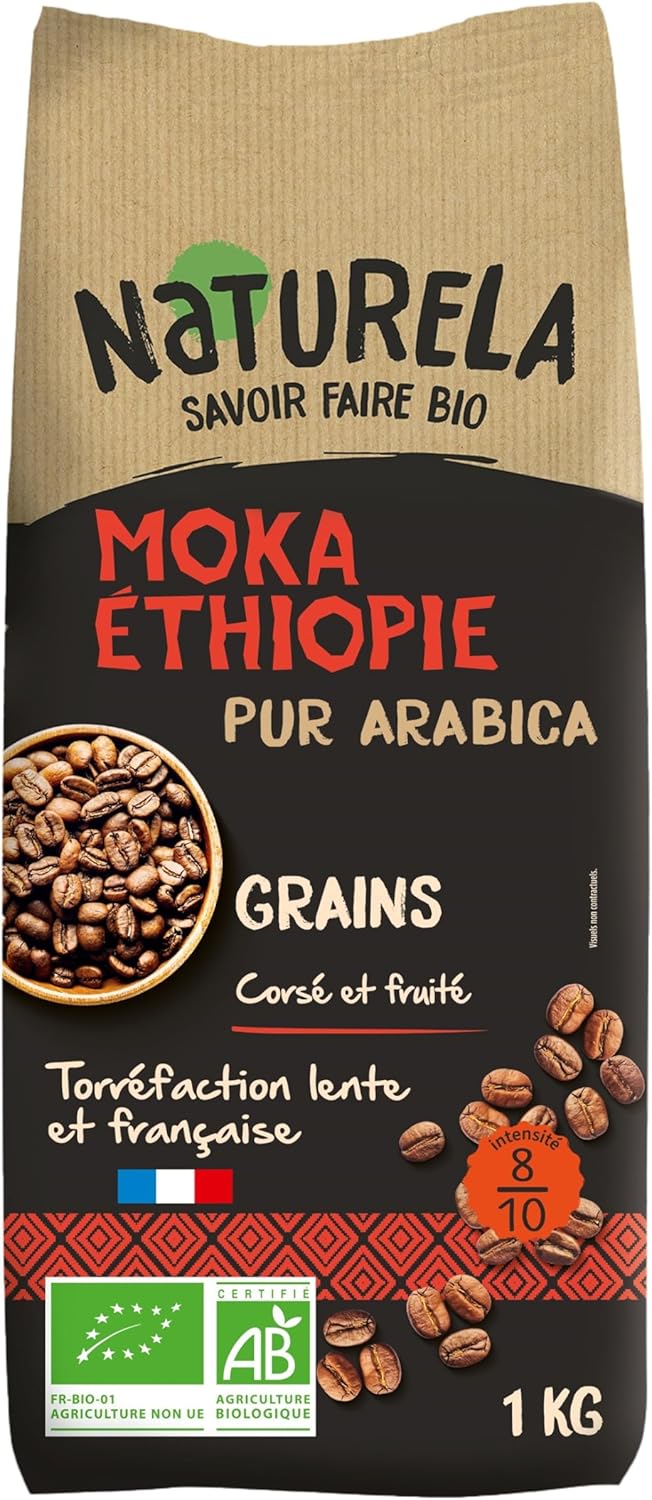 Café Grains Bio - Café Arabica Bio - Moka Ethiopie - Torréfaction Lente - Fabriqué En France - 1 KG