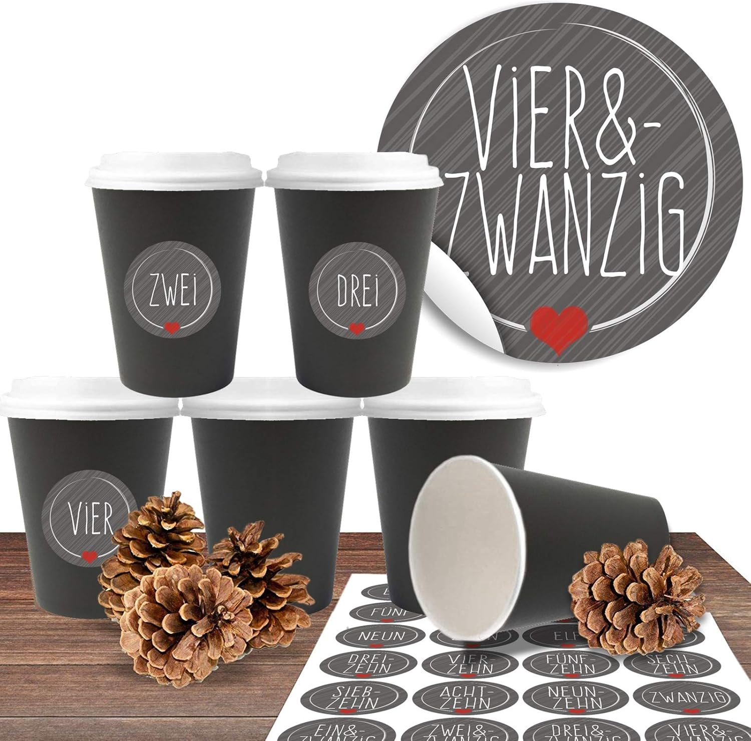 Calendrier de l'Avent à remplir et à bricoler avec 24 tasses à café (100 % biodégradables) « Premium Black » + 24 autocollants numérotés « Chic et gris ».