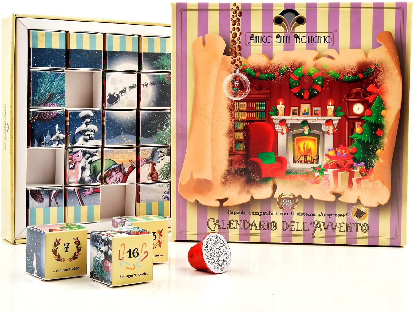 Antico Caffè Novecento® - Calendrier de l'Avent Wunorse avec 25 capsules compatibles pour Nespresso® - Calendrier de l'Avent avec 4 mélanges différents de café fin (125 Gr)