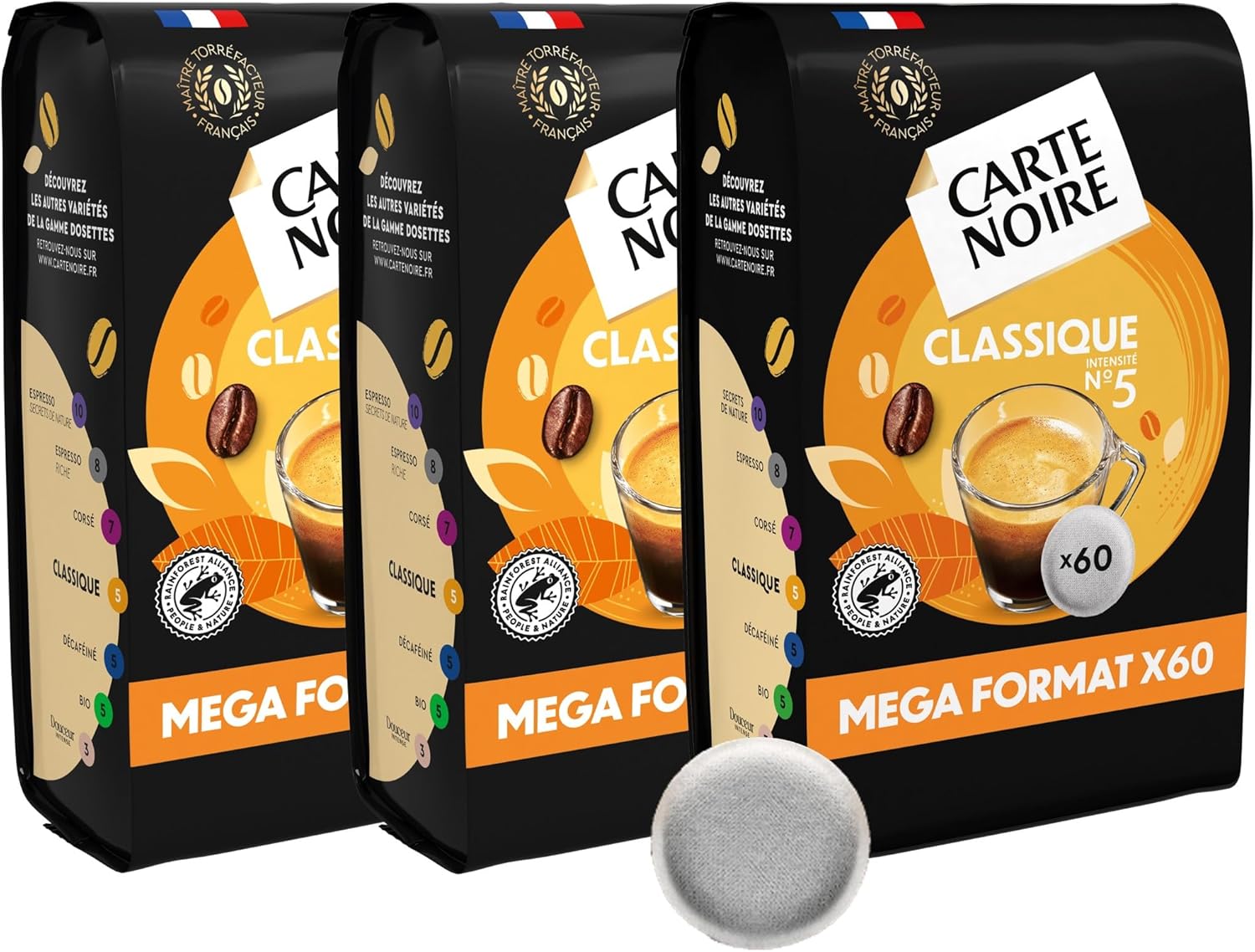 Café en Dosettes Souples Classique N°5 – Pur Arabica - certifié Rainforest Alliance - 3 Paquets de 60 Dosettes – Compatibles Senseo (180 dosettes)