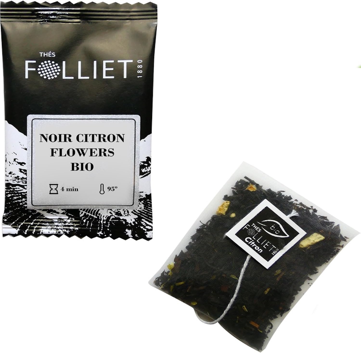 CAFÉS FOLLIET - Thé Noir Bio - Citron Flowers - Mélange De Fleurs & Citronnelle - Tonifiant & Antioxydant - Anti-Stress - Sachet Individuel - 24 Sachets
