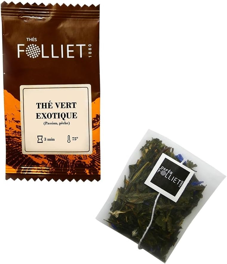 CAFÉS FOLLIET - Thé Vert - Exotique - Fruit De La Passion & Pêche - Fleur De Tournesol - Antioxydant - Sachet Individuel - 24 Sachets