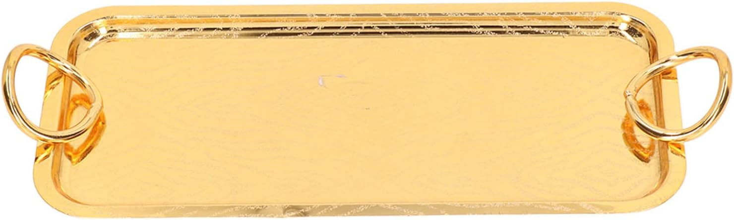 Plateau de Service Doré, 29,5x14cm Plateau à Café Rectangulaire en Acier Inoxydable avec Poignée Rond, Plateau de Petit-déjeuner de Stockage des Aliments pour Dessert, Fruits, Cupcakes, Bijoux