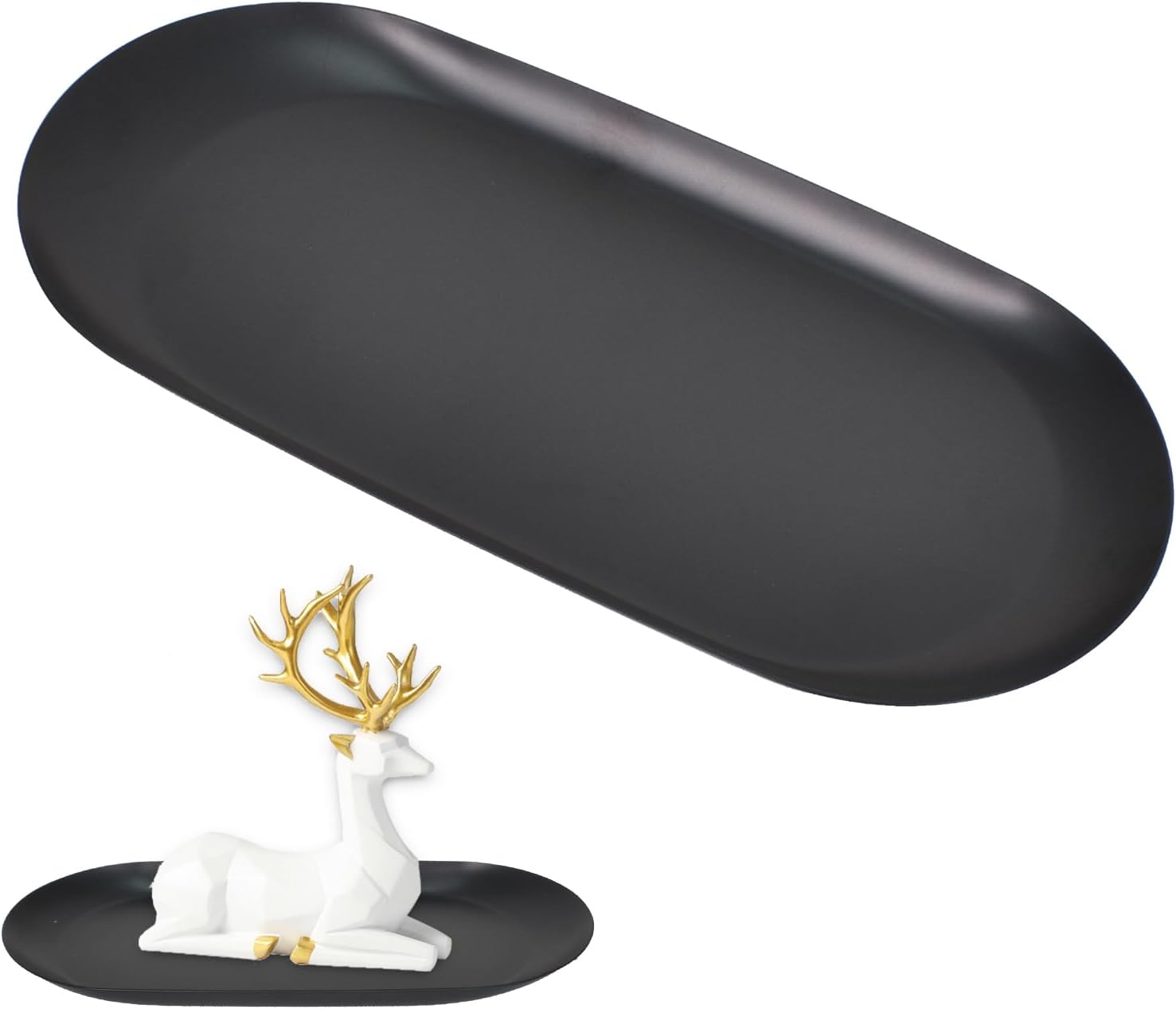 Petit Plateau Noir,Plateau Bougies Ovale,Plateaux Rangement Acier Inoxydable,Plateaus Bougie, Petit Format, Idéal pour Ranger Les Clés de Chambre, Les Fruits à thé et Les Serviettes (18 x 15 x 1 cm)