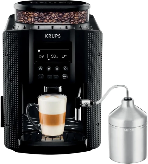 Essential Machine à café à grain, Broyeur à grain, Cafetière Expresso, Ecran LCD, Nettoyage automatique, Buse vapeur, Pot à lait inox pour Cappuccino EA816031, Noir