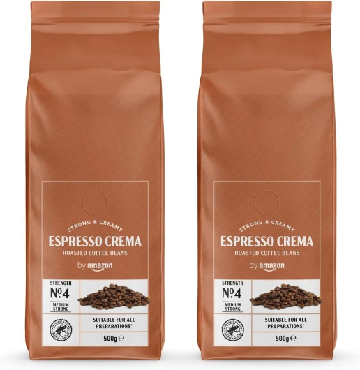 Café en Grains Espresso Crema, Torréfaction Moyenne, caféiné, 500g, lot de 2 - Certifié Rainforest Alliance
