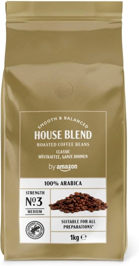House Blend Grains de café , torréfaction moyennement poussée, 100% Arabica, 1 kg, lot de 1, Certifiés Rainforest Alliance