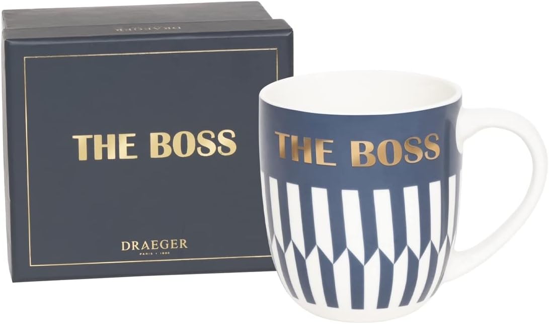 Mug en Céramique Fine 320 ml - Design Chic Bleu/Rose - Message The Boss en Or - Cadeau Original pour Ami, Collègue, Famille - Lavable Lave-Vaisselle - Coffret Cadeau Inclus