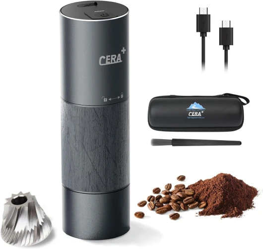 CERA + Moulins à cône électriques avec étui de transport, petits moulins à café expresso professionnels pour usage domestique, gris