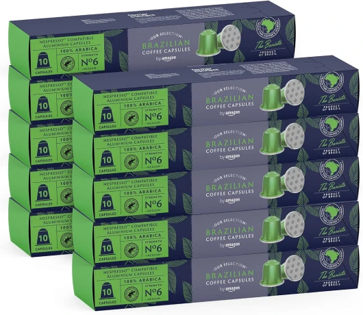 Café brésilien compatible Nespresso, Brazilian, torréfaction moyennement poussée,100 capsules en aluminium 10 unités (lot de 10) - Certifié Rainforest Alliance