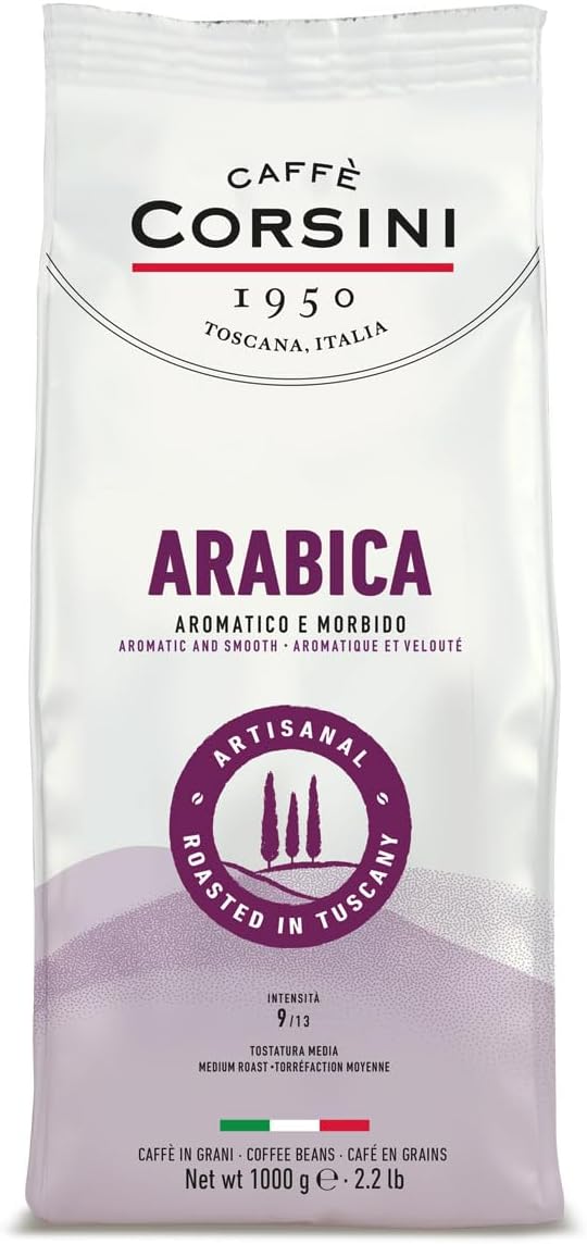 Caffè Corsini - Café en Grains 1 kg 100% Arabica, Torréfaction Moyenne, Sélection Précieuse, Café Aromatique et Velouté, Origine Amérique Centrale et du Sud