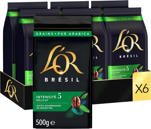 L'OR, 3Kg Café en Grains Sélection Perle du Brésil, 100% Arabica, Intensité 5, 6x500g