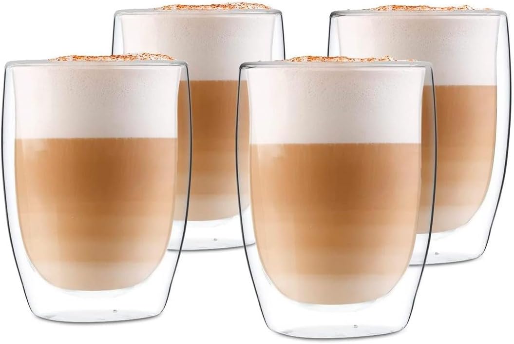 Recamania Lot de 4 verres double paroi 350 ml - Verre résistant à la chaleur - Pour café, thé, boissons froides ou desserts
