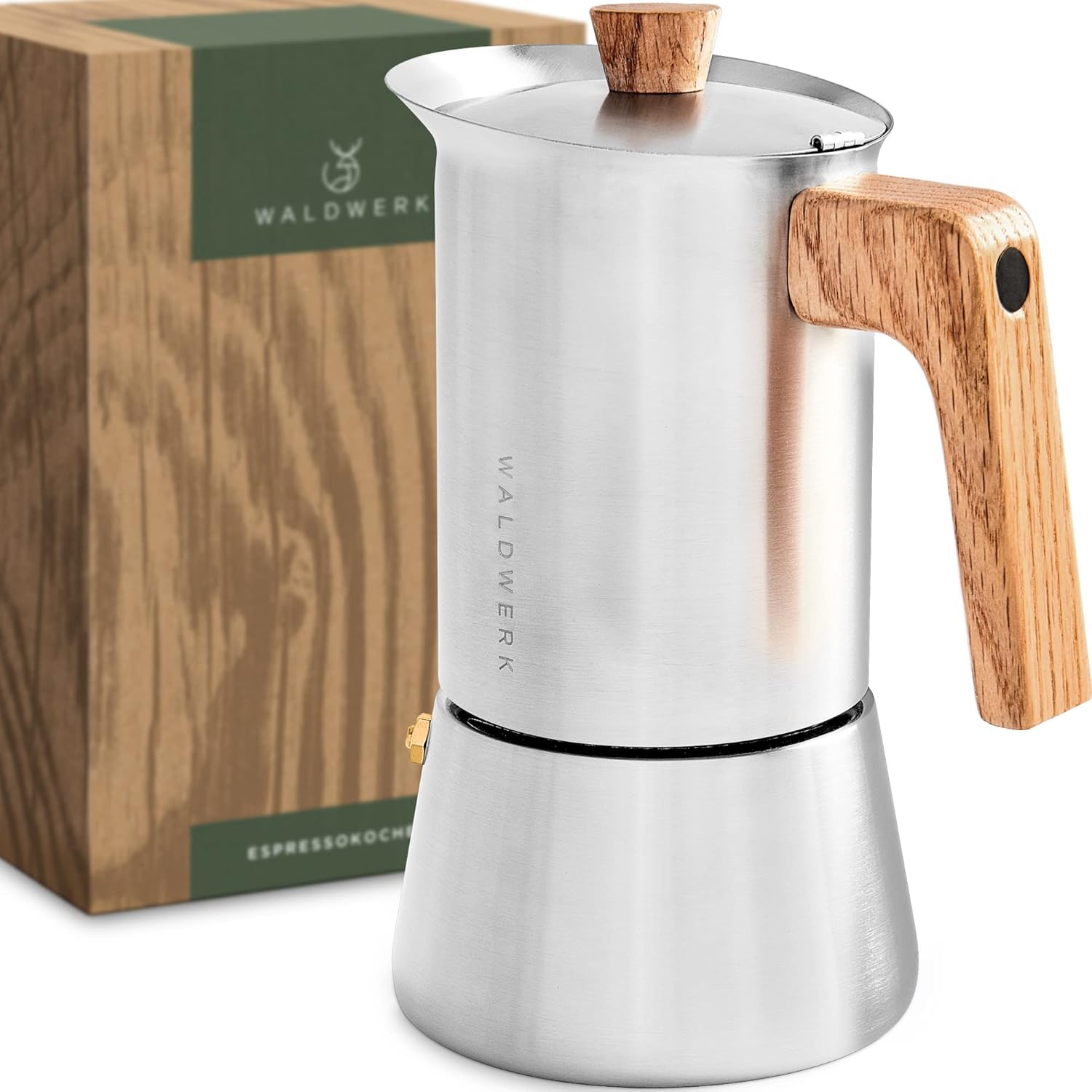 Cafetière Italienne (300ml) - Cafetière Italienne Induction - Cafetière Italienne en Inox avec Poignée en Chêne Véritable - Moka Compatible avec Tous Types de Plaques