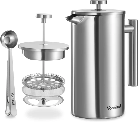 Cafetière à Piston - French Press en Acier Inoxydable - Cafetière à Piston avec Filtre Lavable, Cuillère Doseuse/Pince de Fermeture de Sachet - Pour 12 Tasses, 1,5 L