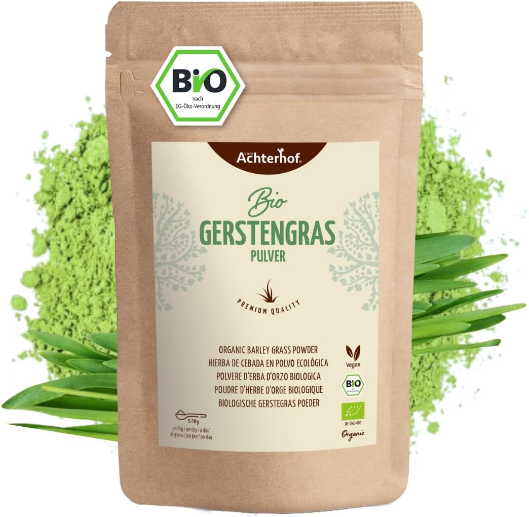 Poudre d'herbe d'orge BIO (500g) - De culture allemande - Qualité alimentaire brute - 100% poudre d'herbe d'orge - Résidus contrôlés - vom-Achterhof