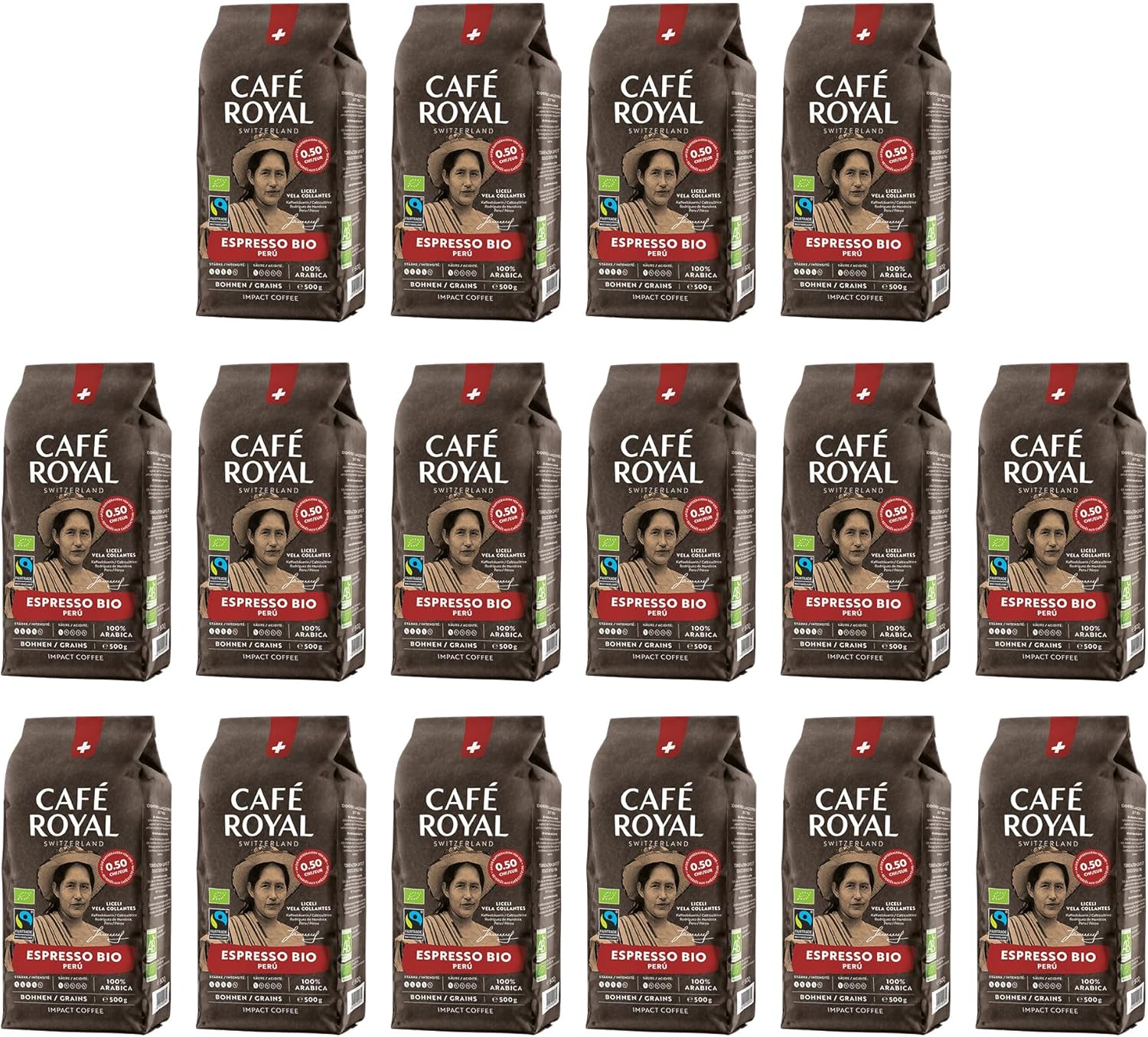 16 x 500 GR - Café Royal Peru Espresso Bio - Café Torréfié en Grains - Format Pratique - Sachets de 0,5 KG - Intensité 4/5 - Grains 100% Arabica Durables du Pérou - Certifiés Fairtrade