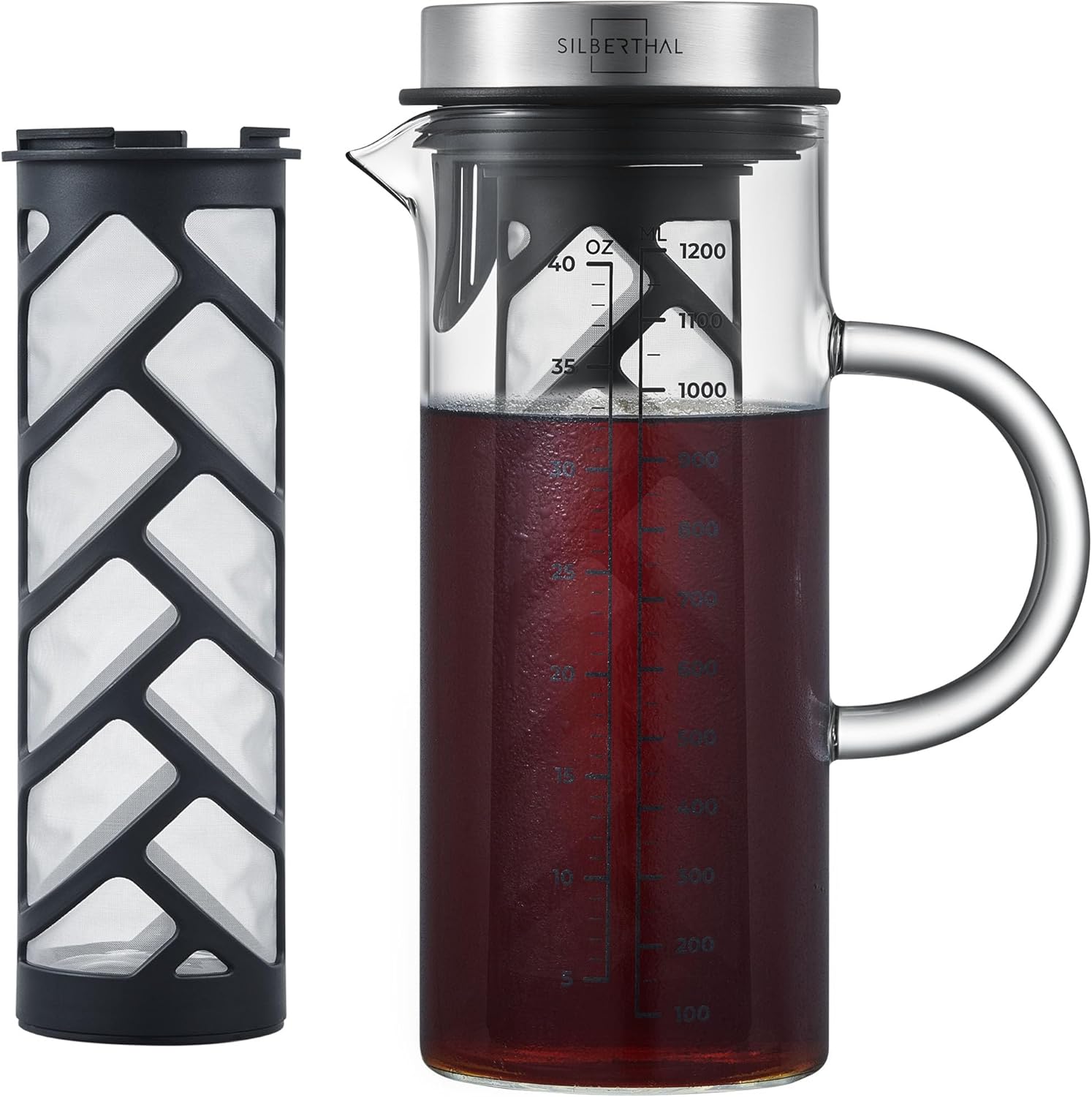Cafetière Manuelle avec Infuseur 1,2 litres - pour Café froid ou Cold Brew Coffee - Avec le nouveau filtre plus robuste 2.0 - Eau Infusée, Cafe Infusé A Froid et Thé Glacés