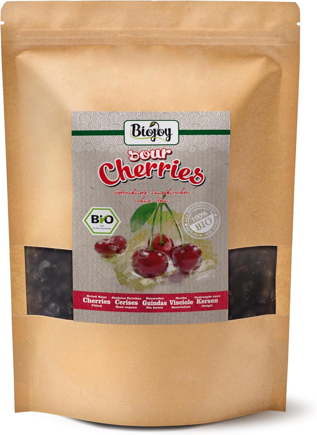 Cerises griottes séchées BIO (1 kg), entières, sans noyaux et sans soufre 1 kg (Lot de 1)