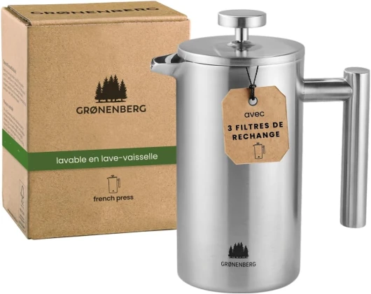 Cafetière à Piston - French Press avec filtres de rechange - 1 litre (5 tasses) - Cafetière a Piston en acier (inox)